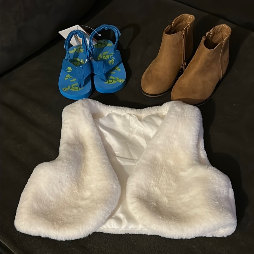 3 Pieces ..Soft White Furry Vest(2T)..Cat&JackAnkleBoots(6).. Flip Flops(5-6)